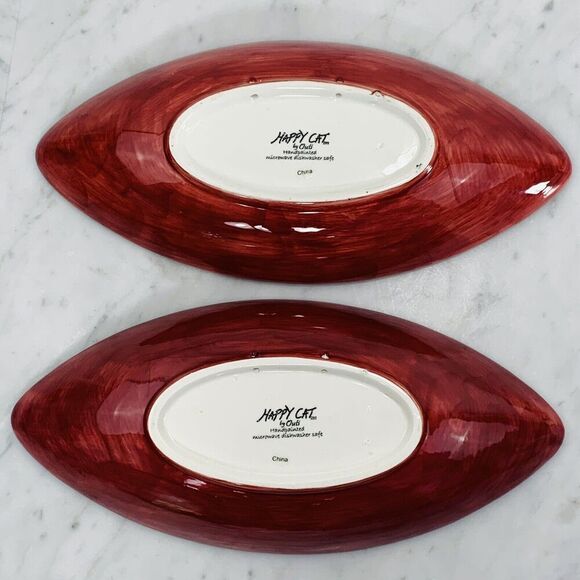 LOT (2) Outi Happy Cat Oval Bowls 9.5"x4.5" Blue Green Red Dish Hand Painted EUC - Picture 2 of 8